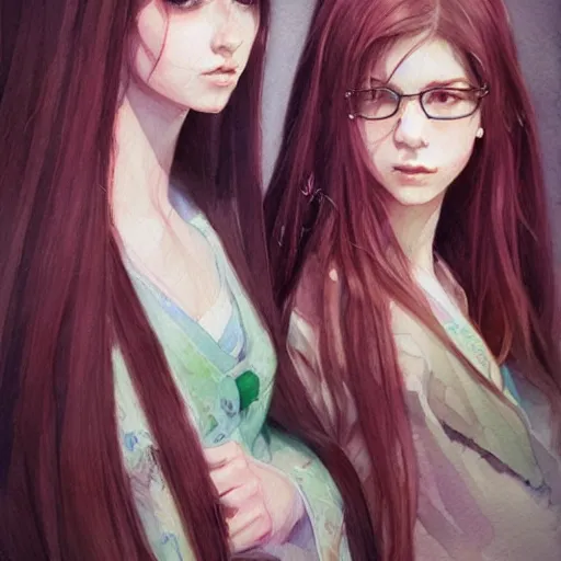 Image similar to a highly detailed portrait of sisters with purpure very very long hair, artstation, watercolor, highly detailed, portrait, by krenz cushart