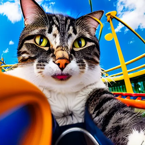 Prompt: selfie of an excited cat riding a roller - coaster, wide angle, highly - detailed realistic