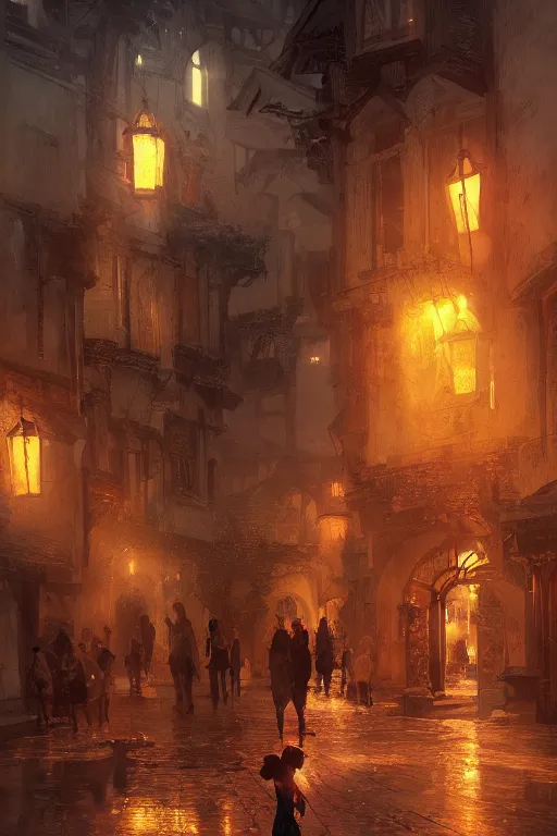 Image similar to inside the antique city of Avalon at dusk, intricate, elegant, volumetric lighting, digital painting, highly detailed, artstation, sharp focus, illustration, concept art, ruan jia, steve mccurry