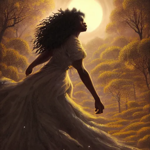 Prompt: a highly detailed portrait of a black woman chasing her dreams through a field of nightmares, a hyperrealistic high renaissance painting by gustave dore, unreal engine, dark fantasy art by greg rutkowski, loish, rhads, ferdinand knab, makoto shinkai and lois van baarle, ilya kuvshinov, radiant lighting, moon light.