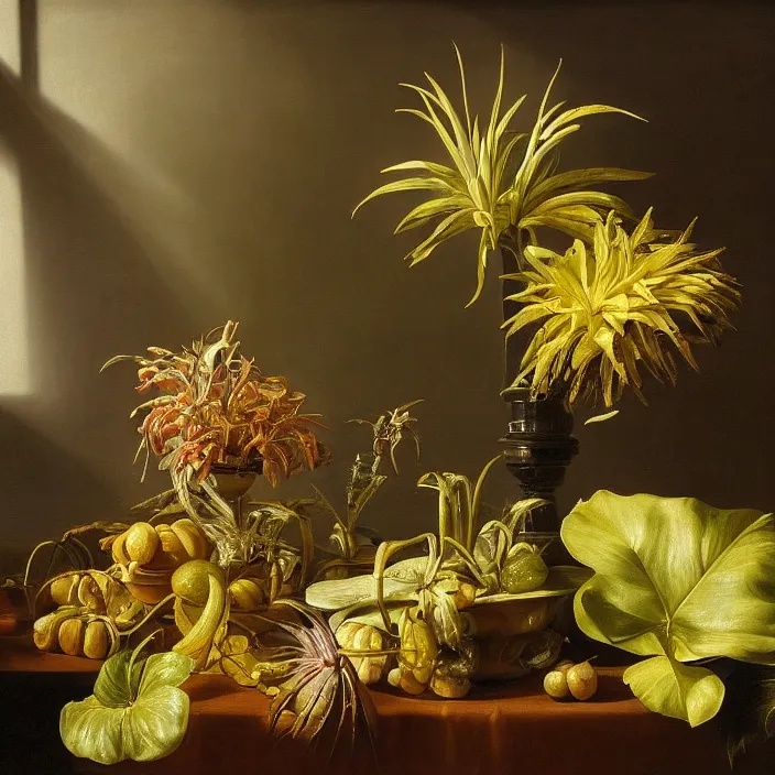 Image similar to still life painting of exotic alien plants by pieter claesz, oil on canvas, strong lighting, highly detailed, hyper realism, golden hour, god rays, hd, 4 k