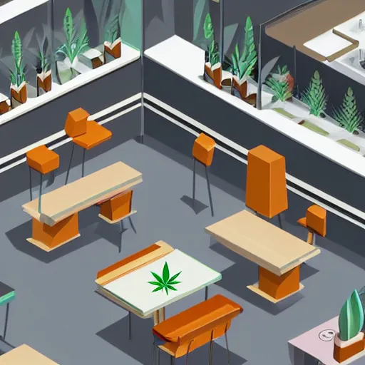 Prompt: isometric cartoon of funky recreational cannabis cafe area, coffee machine, aluminum sheen, people drinking coffee and smoking cannabis, only 2 tables chairs, 4 cannabis pots, by benoit mandelbrot, low poly cute minimal interior design concept art illustrated by anni albers, 2 d game art