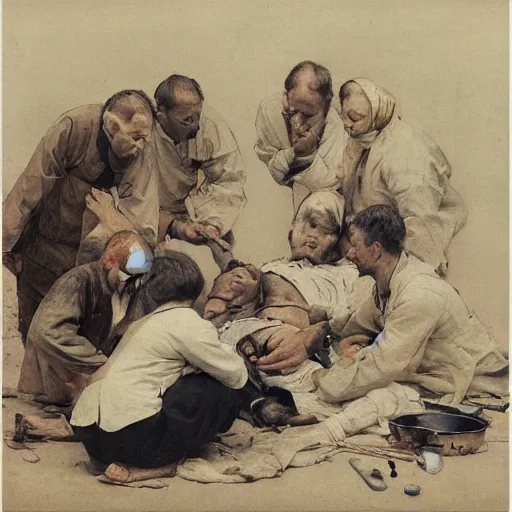 Image similar to shikki funereal by walter langley. a beautiful conceptual art of a team of surgeons gathered around a patient on an operating table, with one surgeon in the process of cutting into the patient's chest. the conceptual art is full of intense colors & brushstrokes, conveying the urgency & intensity of the surgery.