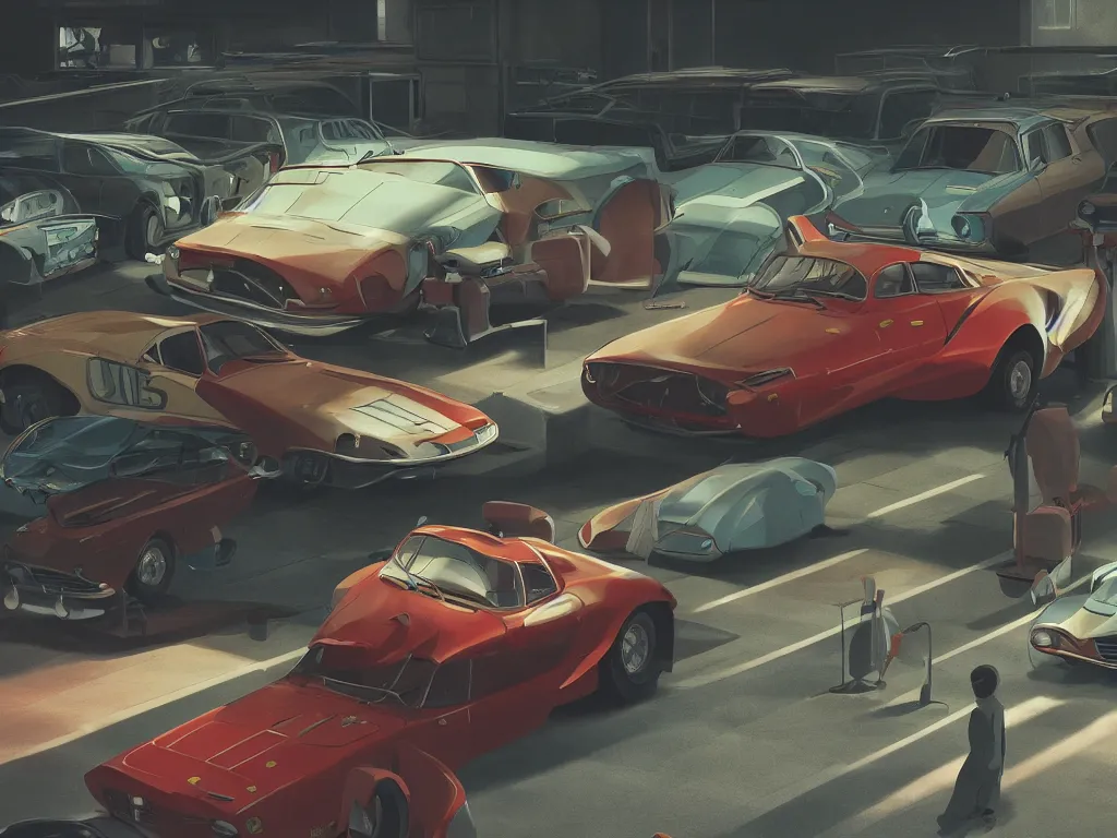 Prompt: a wholesome animation key shot of a focused old ferrari car in a car park, close shot, studio Ghibli, Pixar and Disney animation, sharp, very detailed, high resolution, Rendered in Unreal Engine 5, anime key art by Greg Rutkowski, Bloom, dramatic lighting