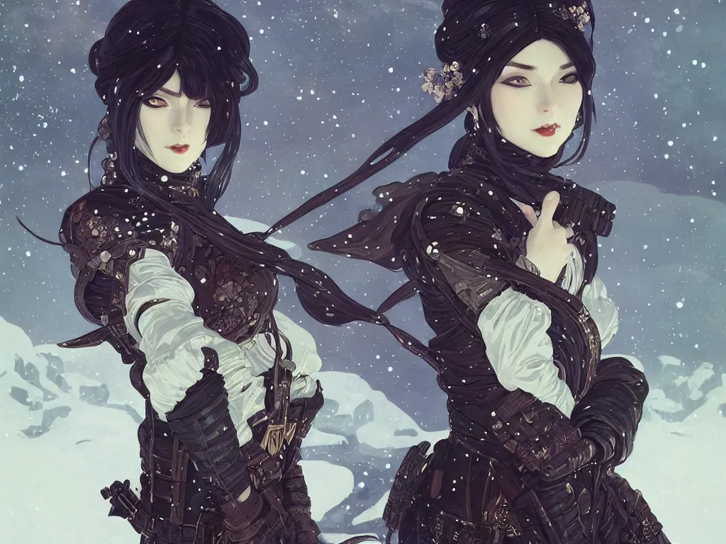 Image similar to portrait ninja gaiden girl, dieselpunk wardrobe, at snowy fuji mountain moonlight, fantasy, intricate and very beautiful and elegant, highly detailed, digital painting, artstation, concept art, smooth and sharp focus, cg by tian zi and wlop and alphonse mucha