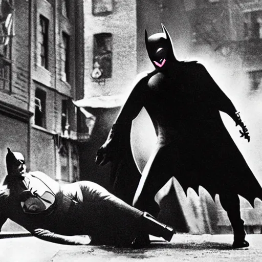 Image similar to old black and white photo, 1 9 2 5, depicting batman fighting a mafia boss in an ally of new york city, rule of thirds, historical record