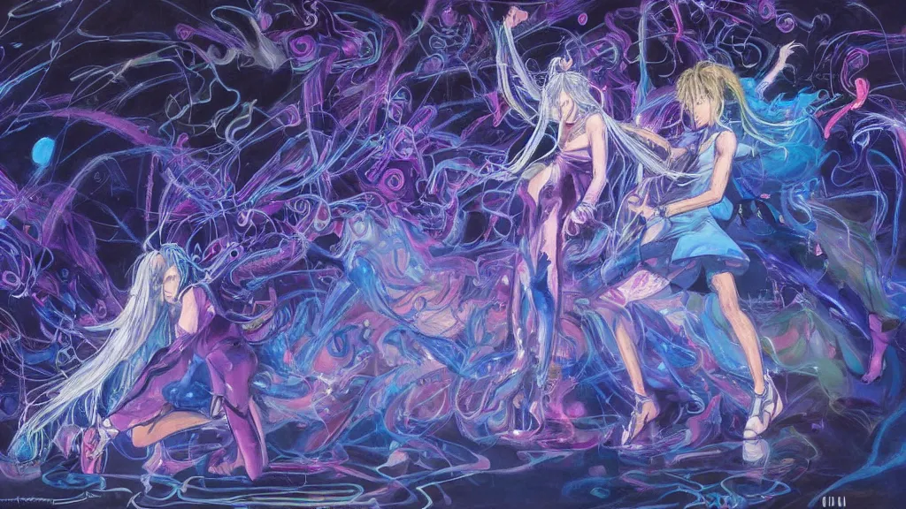 Image similar to a detailed painting of two people dressed as gen z dancing togheter in a nightclub, inspired by yoshitaka amano enveloped in trails of colorful animal ghosts floating around them. clean painting, realistic and auora lighting. dark blue and intense purple color palette, art by yoshiyuki tomino, 8 k