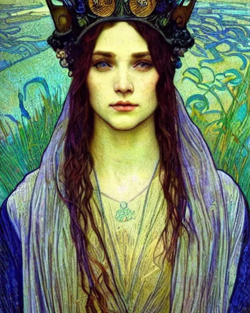 Image similar to detailed realistic beautiful young medieval queen face portrait by jean delville, alphonse mucha, vincent van gogh, and marco mazzoni, art nouveau, symbolist, visionary, gothic, pre - raphaelite
