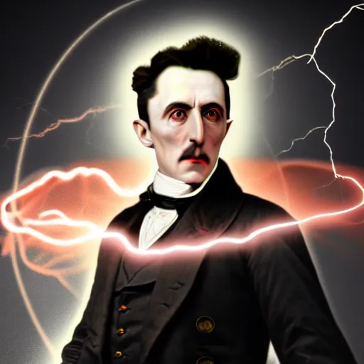 Image similar to nicolas tesla with thunderbolts around him and glowing white eyes, photorealistic, 4 k, ultra detailed