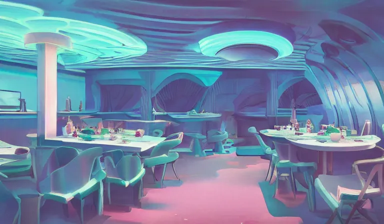 Image similar to a beautiful, sharp focus, clean lines. the interior of an art deco undersea restaurant. vaporwave ombre rendering. outrun style. fish. neon backlit jellyfish. trending on artstation. recommended for you behance. by chris moore. by edward hopper. ambient occlusion. digital matte painting. metropolis filmic. gotham city.