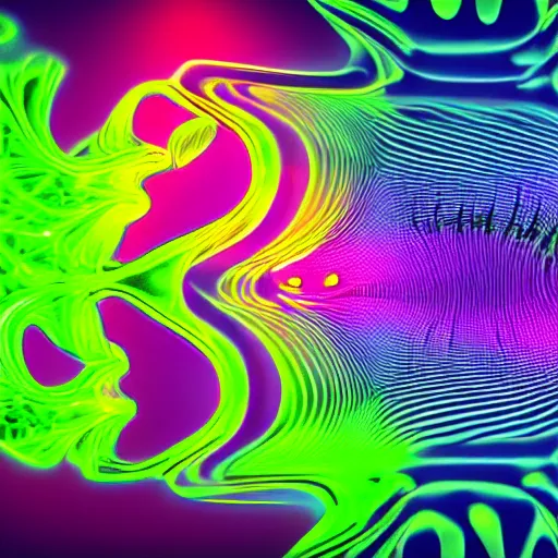 Prompt: the audio frequency waveform of bass face, Multidimensional, fractal amalgamation, asymmetrical, 8k, hyper realistic, octane render, hi-fructose, neon color scheme