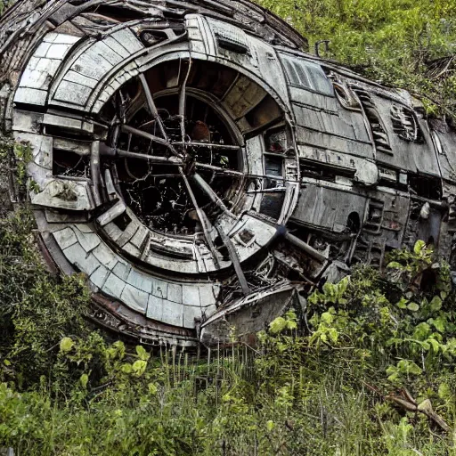 Image similar to overgrown desolate abandoned millenium falcon