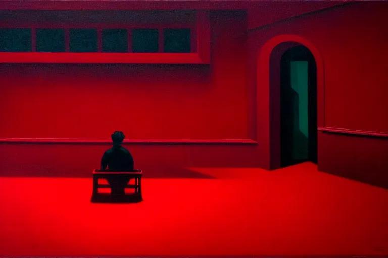 Image similar to only with red, netflix studios with workers, a big mickey mouse head in the middle of the room, in the style of beksinski, parts by edward hopper, parts by rodcenko, parts by yue minjun, intricate and epic composition, red by caravaggio, insanely quality, highly detailed, masterpiece, red light, artstation, 4 k