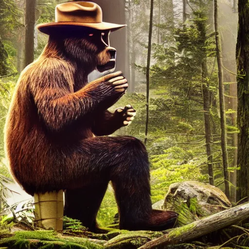 Image similar to UHD canndid photo of Smokey The Bear squatting on a bidet in the woods, by Annie leibowitz, photorealisitc, extremely detailed