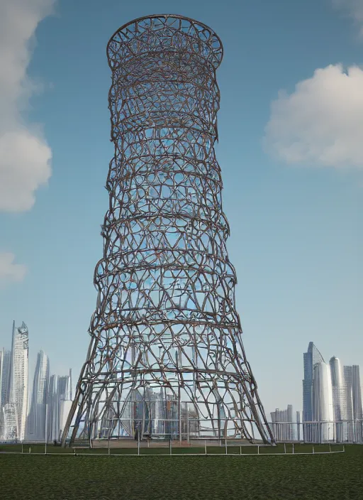 Image similar to highly detailed realistic architecture 3 d render of a stele shukhov tower standing in a city park, archdaily, made in unreal engine 4 octane render