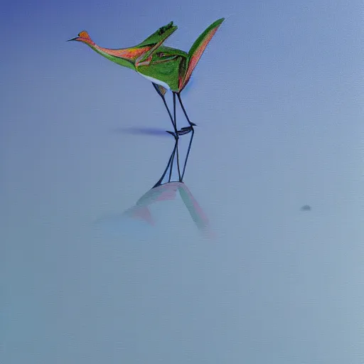 Image similar to a hybrid of a crane and a frog on the background of a blue sunset, photorealism, 4 k