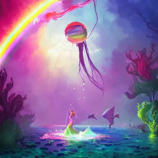 Image similar to a beautiful vivid colorful matte watercolor painting by Grzegorz greg rutkowski and and Anato Finnstark and Tyler Edlin, of an underwater discotheque with a disco ball and dancing mermaids and fish and a rainbow seaweed forest, trending on ArtStation hq