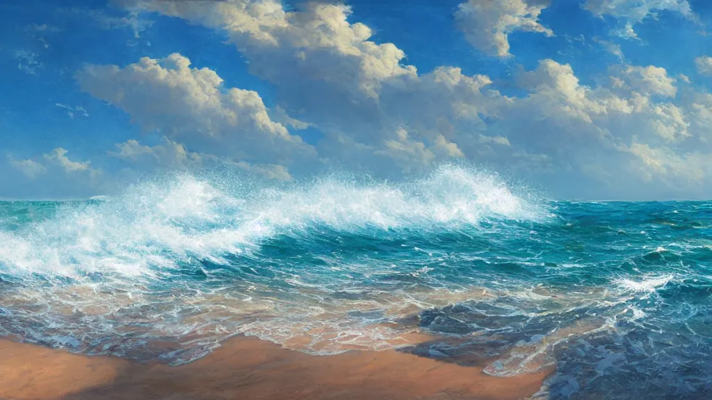 Image similar to first person view of breaking waves on the shore, summer, clear beautiful sky, bright sky, dolphins dolphin swimming, peaceful, amazing, by andreas rocha and john howe, and Martin Johnson Heade, featured on artstation, featured on behance, golden ratio, ultrawide angle, f32, well composed