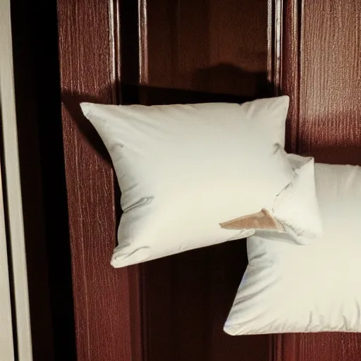 Prompt: Security camera photo of 2 flying pillows, photo was taken in front of someone door, realistic, low resolution.