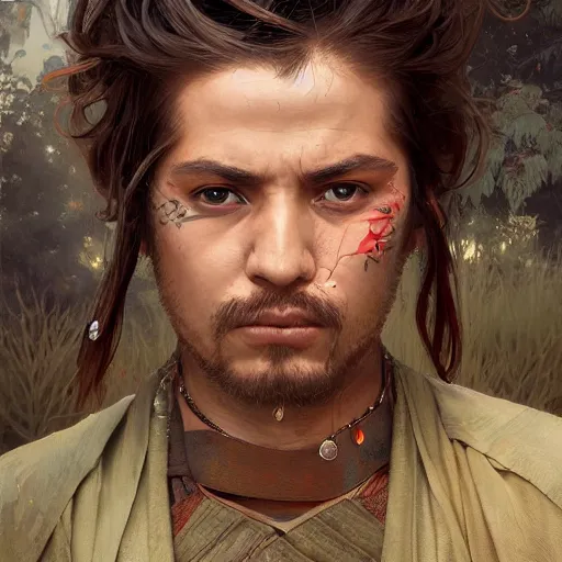 Image similar to Hyper realistic detailed portrait of a Kurdish!!!!!!!!! samurai, Stephen Bliss, unreal engine, fantasy art by Greg Rutkowski, Loish, Rhads, ferdinand knab, Makoto Shinkai and Lois van baarle, ilya kuvshinov, rossdraws, Tom Bagshaw, alphonse mucha, global illumination, radiant light, detailed and intricate environment, highly detailed, award winning art