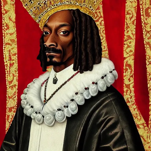 Image similar to a highly detailed portrait of snoop dogg, wearing elegant tudor clothes, inside a room with thick red tapestries, oil painting by hans holbein and alessandro allori and richard burbage