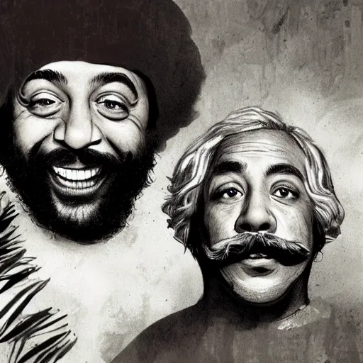 Prompt: portrait of cheech and chong, concept art, highly detailed, up in smoke, cinematic smoke background,