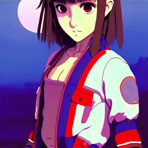 Image similar to beautiful boyish natalie portman gravure model in majora's mask, wearing big mayan bomber jacket with overalls and leotard, big bomber jacket with subtle mayan patterns, aztec bathing suit, gapmoe yandere grimdark, trending on pixiv fanbox, painted by greg rutkowski makoto shinkai takashi takeuchi studio ghibli, akihiko yoshida