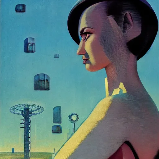 Image similar to detailed face of a woman, clockwork, moment, tectonic sky, skydome, bullet train, turbines, utopian, tech noir, wet reflections, prism, atmospheric, ambient, pj crook, syd mead, livia prima, greg rutkowski, edward hopper