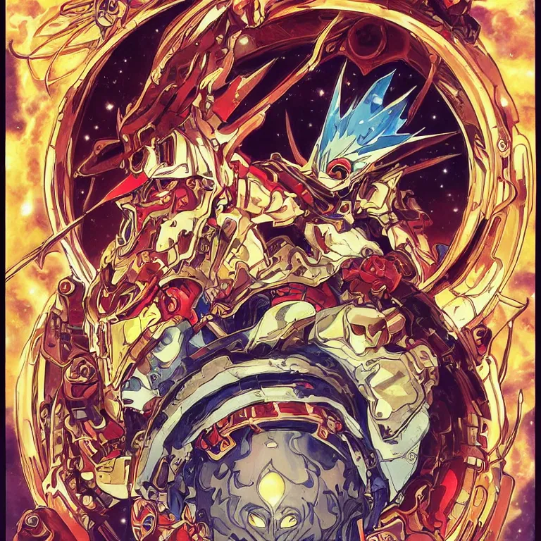 Image similar to portrait of The Anti-Spiral from Tengen Toppa Gurren Lagann by Jeff Easley and Peter Elson + beautiful eyes, beautiful face + symmetry face + border and embellishments inspiried by alphonse mucha, fractals in the background, galaxy + baroque, gothic, surreal + masterpiece, award winning + trending on artstation