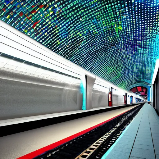 Prompt: underground train station, futuristic, neon colours, highly saturated, high def, 8 k, hd, highly detailed,