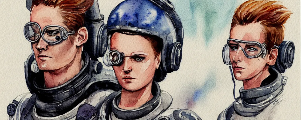 Image similar to watercolor character concept art 3 / 4 portrait of tattooed stoic heroic emotionless butch blonde woman engineer with short slicked - back hair, wearing dirty flight suit, wearing dark victorian goggles, working inside reactor room, awkward and uncomfortable and anxious, dirty. mike mignogna, ron cobb, industrial space program, scifi.