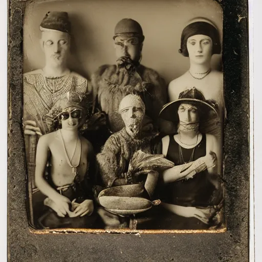 Image similar to Tintype photograph of exotic objects, magic objects, ethnographic museum, nature and culture, 1920s studio lighting.
