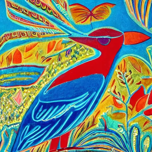 Image similar to A beautiful installation art of a bird in its natural habitat. The bird is shown in great detail, with its colorful plumage and intricate patterns. The background is a simple but detailed landscape, with trees, bushes, and a river. by José Clemente Orozco melancholic