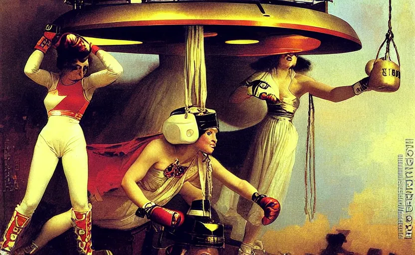 Image similar to boxing woman! and drag queen! on a space ship by carl spitzweg