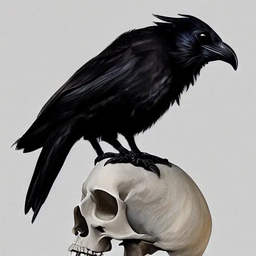 Prompt: raven sitting on skull, by randy vargas. hd, hq, trending on artstation.