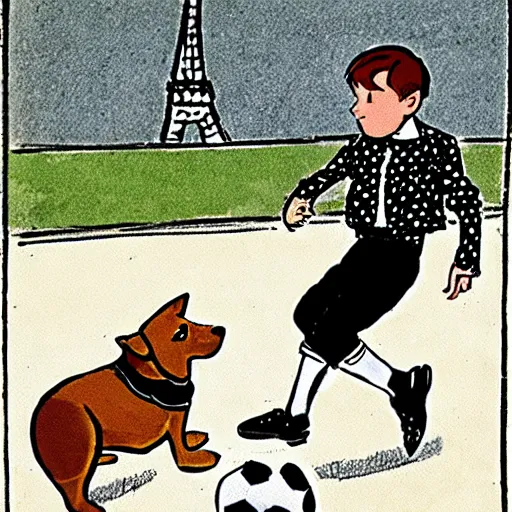 Image similar to illustration of french boy on the streets of paris playing football against a corgi, the dog is wearing a polka dot scarf, comic, 1 9 6 6