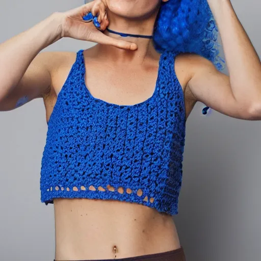 Image similar to A photo of a caucasian female model with blue hair wearing a crocheted croptop