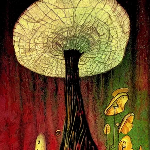 Image similar to psychedelic mushrooms psilocybin dream, by dave mckean