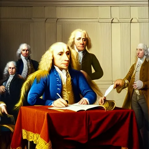 Prompt: oil painting of a golden retriever signing the declaration of independence with a feather pen, trending on artstation