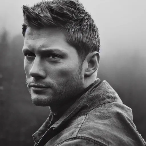 Image similar to medium shot portrait bust of jensen ackles sitting on fence, tired expression, faded color film, russian cinema, mario testino, tarkovsky, technicolor, heavy forest, wood cabin in distance, shallow depth of field, long brown hair, old clothing, heavy fog, brown color palette, sunset, low light, hudson river school, 4 k, dramatic lighting