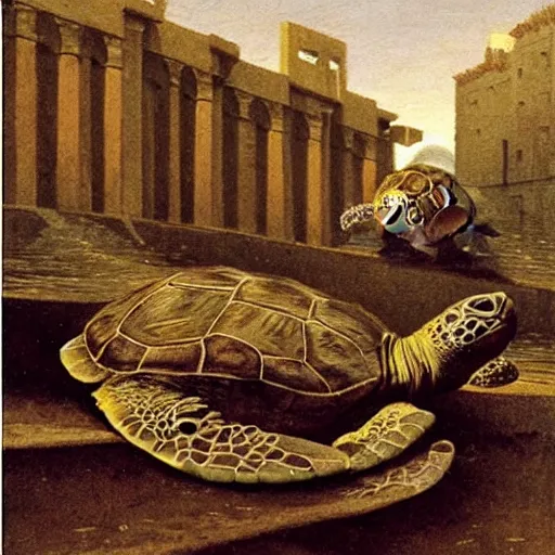 Prompt: turtles in ruined city of Atlantis , by Michael Sowa