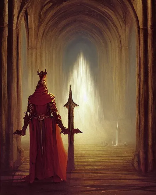 Prompt: a dark mage. he is wearing mage armor and a crown. he is frowning seriously. he is preparing to cast a dark spell. he is standing in a wizards room. award winning realistic oil painting by thomas cole and wayne barlowe