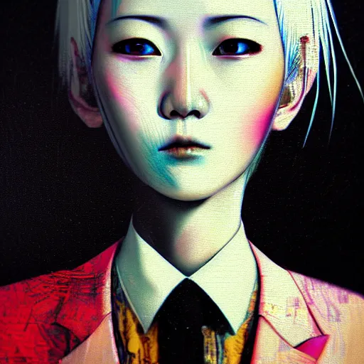 Image similar to yoshitaka amano blurred and dreamy three quarter angle portrait of a young woman with white hair and black eyes wearing dress suit with tie, playstation 2 horror game, junji ito abstract patterns in the background, satoshi kon anime, chungking express color palette, noisy film grain effect, highly detailed, renaissance oil painting, weird portrait angle, blurred lost edges