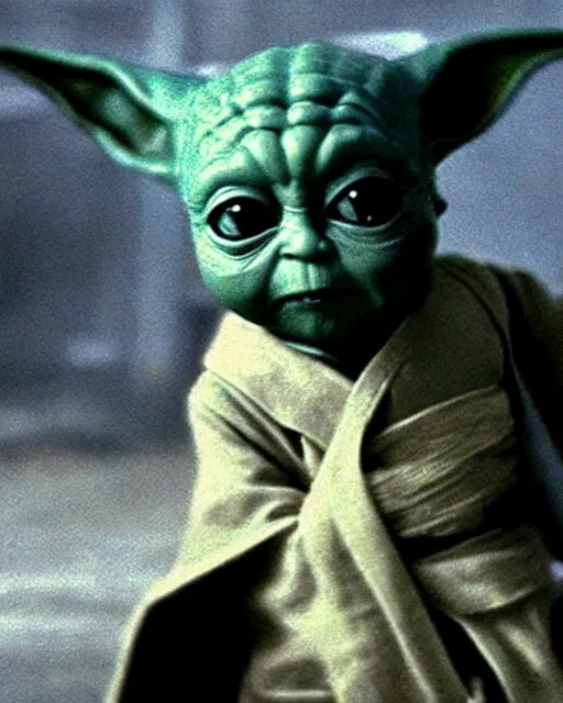 Image similar to epic action still of baby yoda as batman in the style of batman the dark knight rises