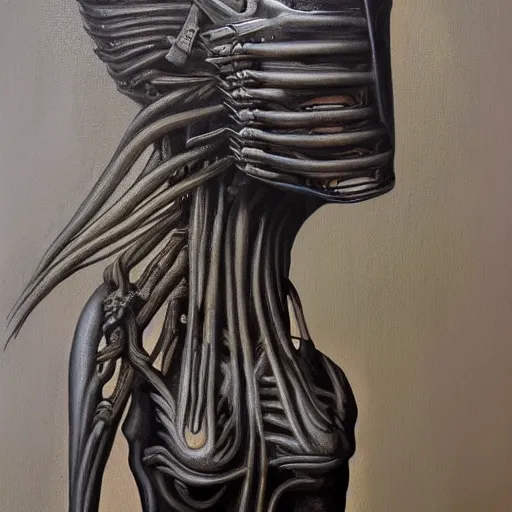 Prompt: foxgirl , oil painting by Giger