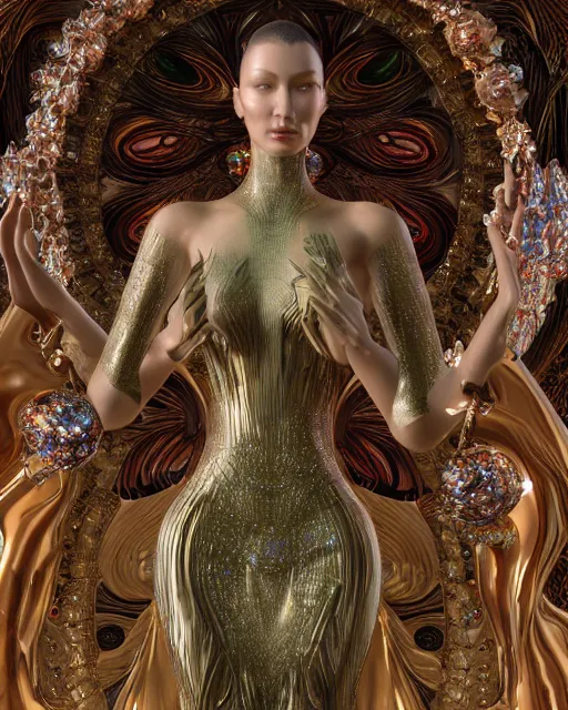 Image similar to a highly detailed metahuman 4 k close up render of an alien goddess bella hadid monument saint in iris van herpen dress schiaparelli in diamonds crystals swarovski and jewelry iridescent in style of alphonse mucha gustav klimt trending on artstation made in unreal engine 4