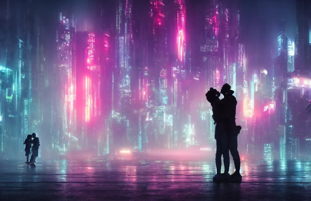 Image similar to men kissing in front of a foggy view of cyberpunk style future city, neon lights, a hyper realistic professional photographic view,very beautiful scenery, very realistic painting effect, hd, hdr, cinematic 4k wallpaper, 8k, ultra detailed, high resolution,
