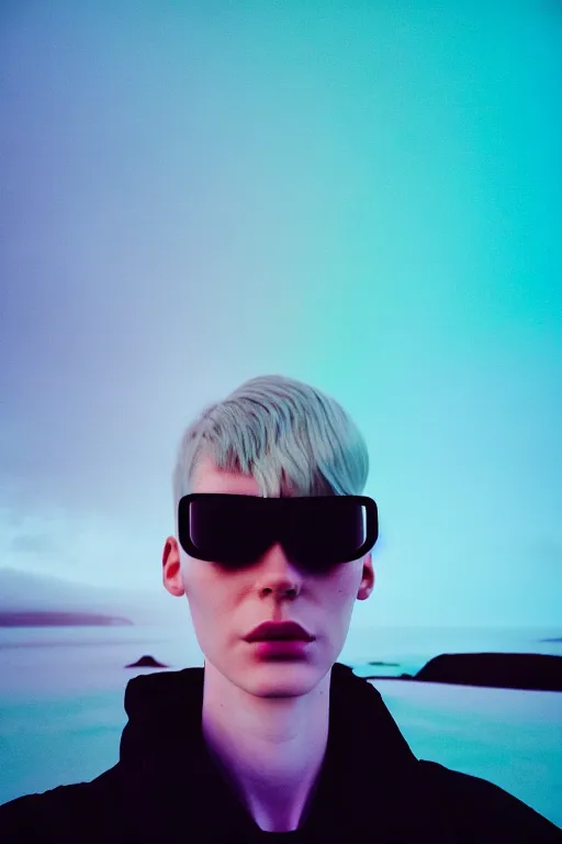Image similar to high quality pastel coloured film wide angle selfie photograph of an androgynous cyber model standing in an icelandic black rock environment. three point light. photographic. art directed. pastel colours. volumetric light. stark. waves glitch. 8 k. filmic.