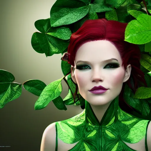 Prompt: poison ivy modeling for vogue magazine, starlet, adorable, beautiful, shiny, octane render, 8k, hyper realistic,