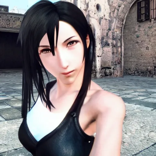 Image similar to Tifa Lockhart from Final Fantasy VII Remake (2020) taking a selfie in Italy